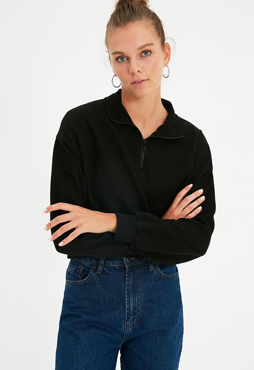 Trendyol - Gathered detailed crop knitted sweatshirt  - black