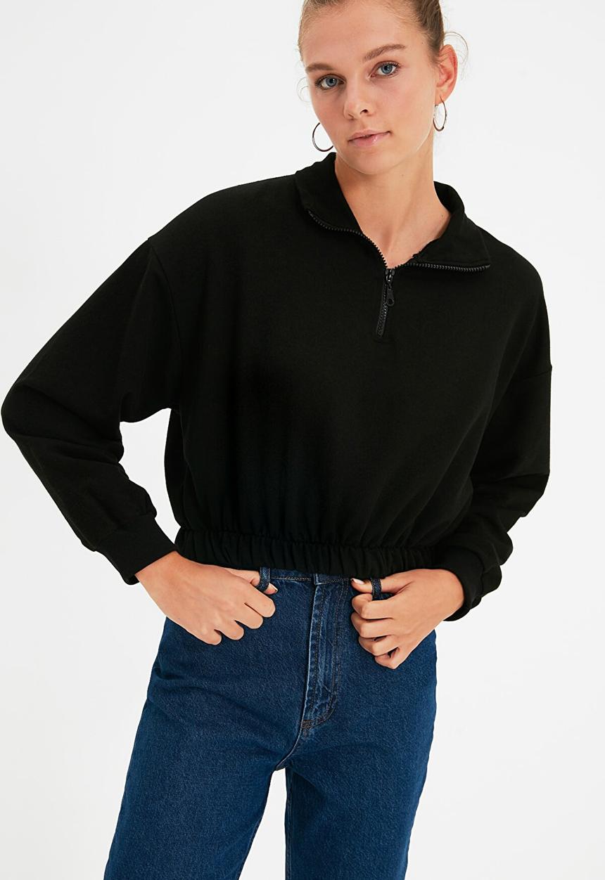 Trendyol - Gathered detailed crop knitted sweatshirt  - black