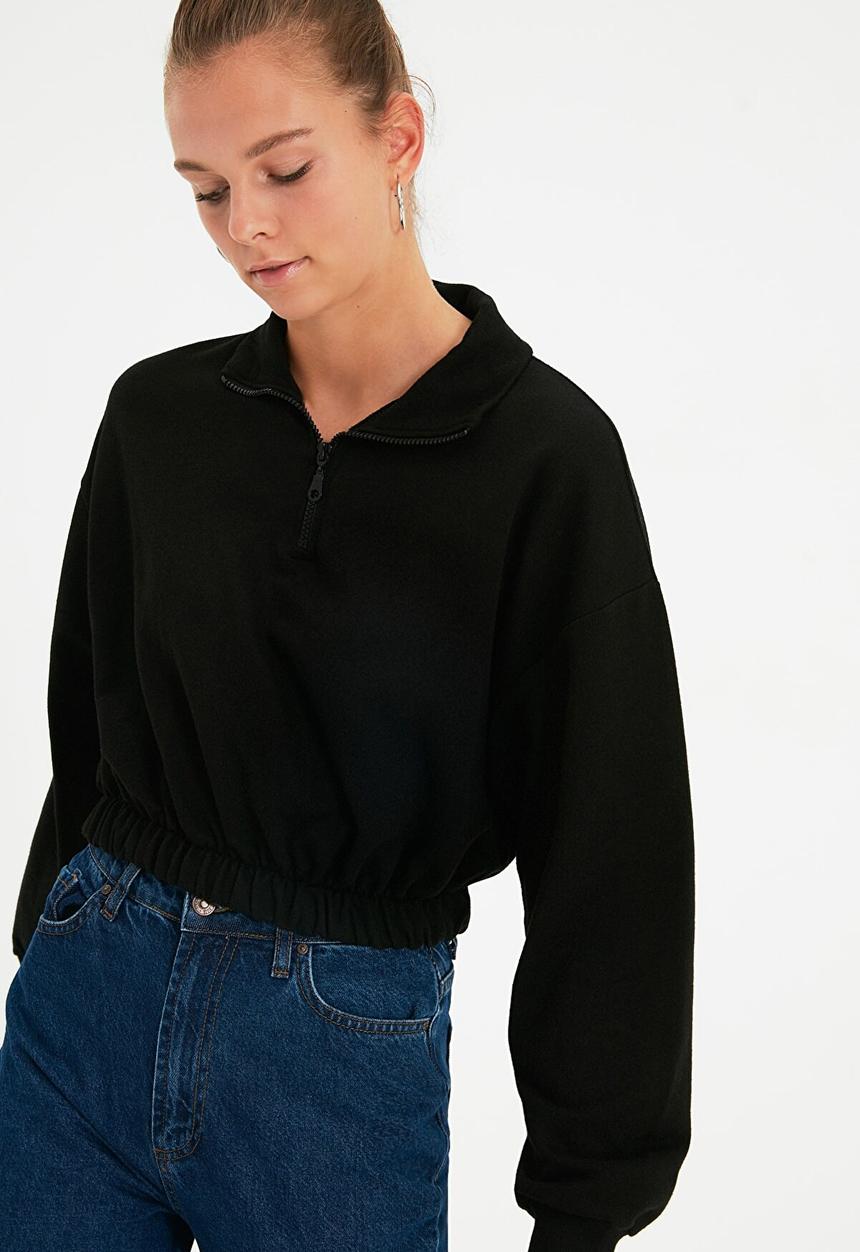 Trendyol - Gathered detailed crop knitted sweatshirt  - black