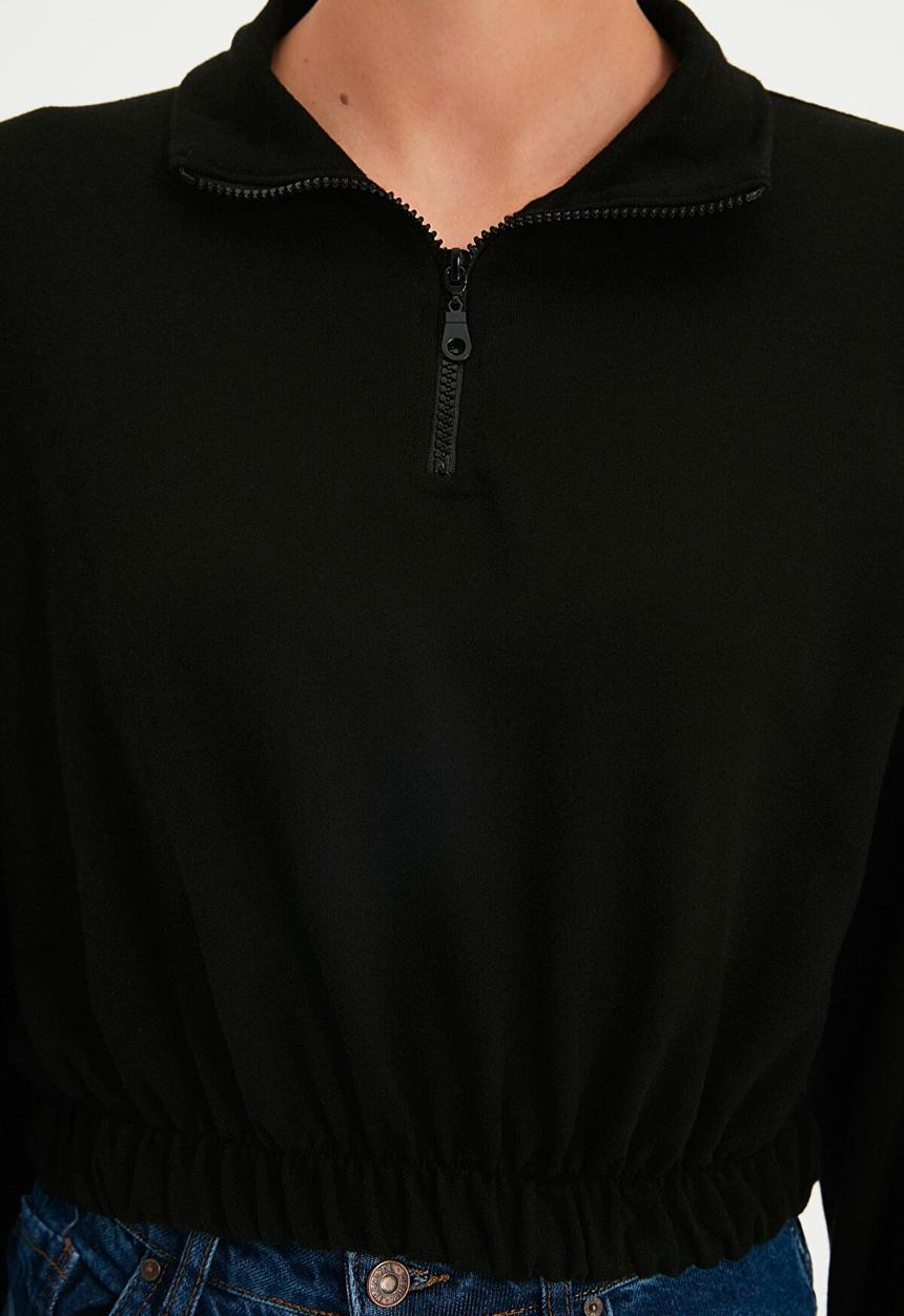Trendyol - Gathered detailed crop knitted sweatshirt  - black