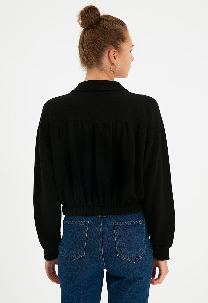 Trendyol - Gathered detailed crop knitted sweatshirt  - black