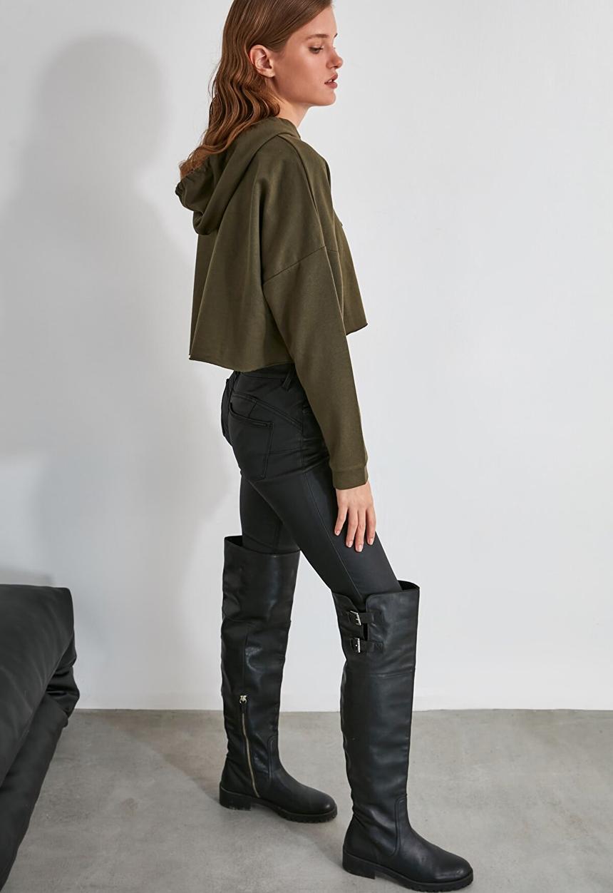 Trendyol - Hooded crop knitted sweatshirt  - khaki