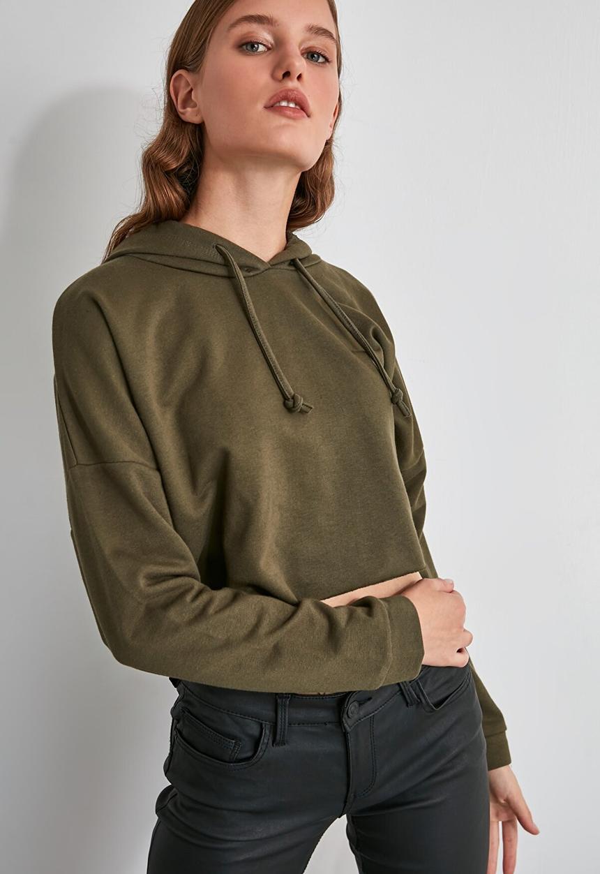 Trendyol - Hooded crop knitted sweatshirt  - khaki