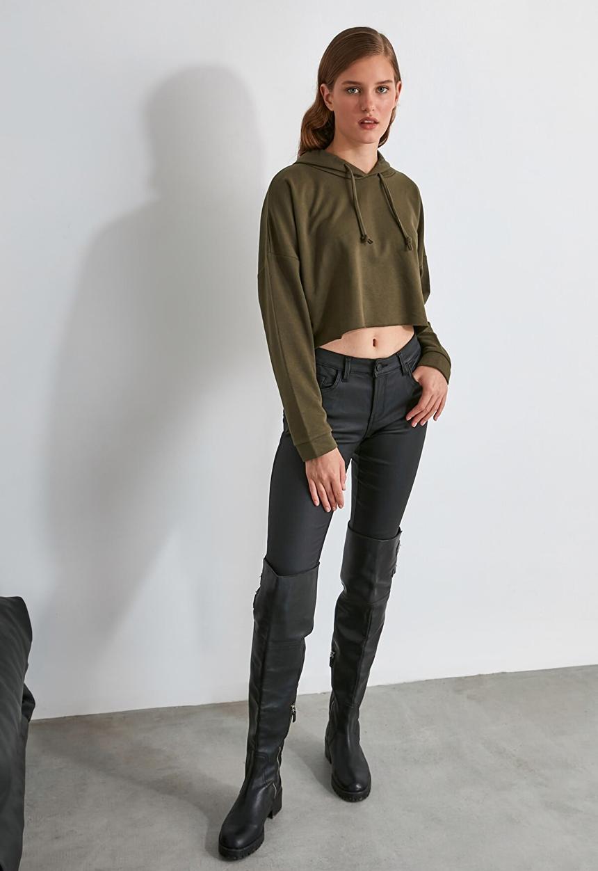 Trendyol - Hooded crop knitted sweatshirt  - khaki