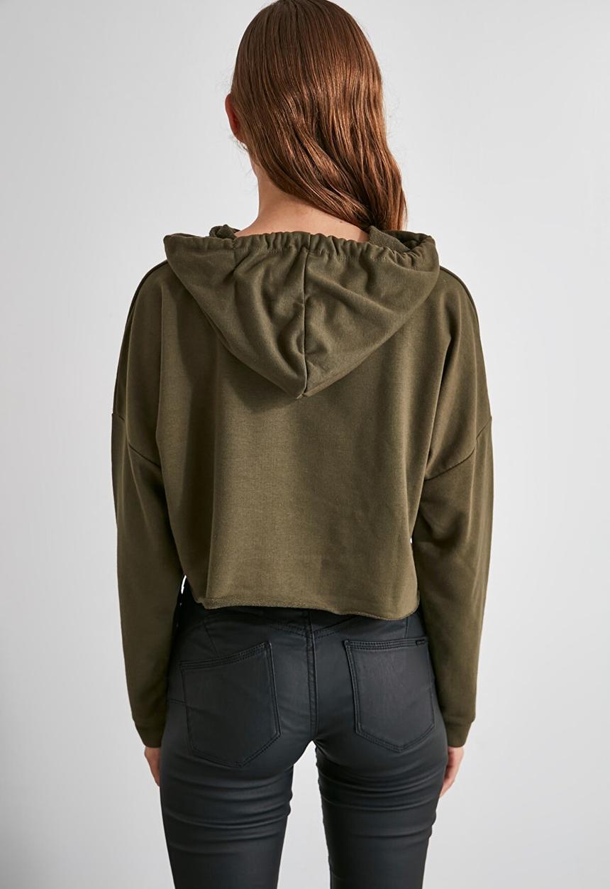 Trendyol - Hooded crop knitted sweatshirt  - khaki