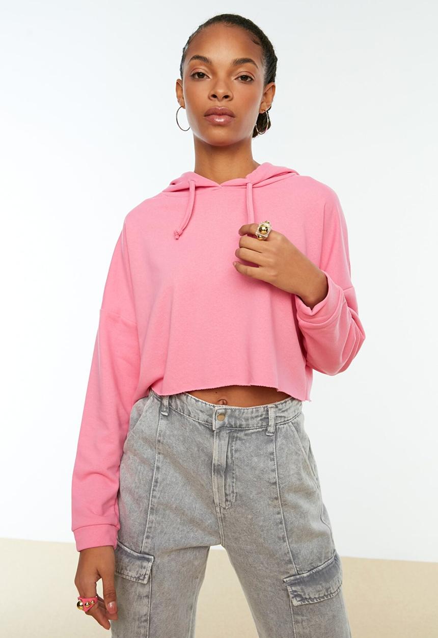 Trendyol - Hooded crop knitted slim sweatshirt  - pink