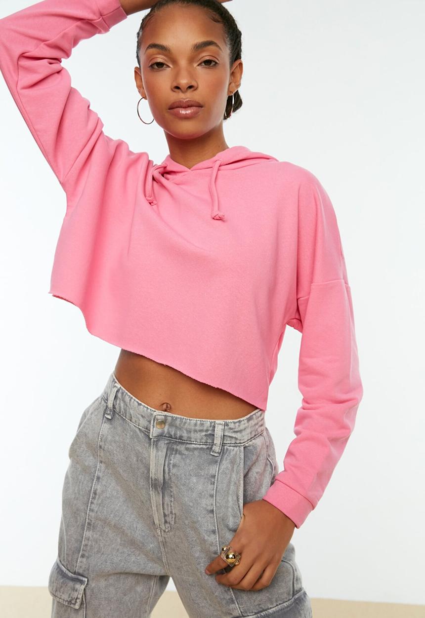 Trendyol - Hooded crop knitted slim sweatshirt  - pink