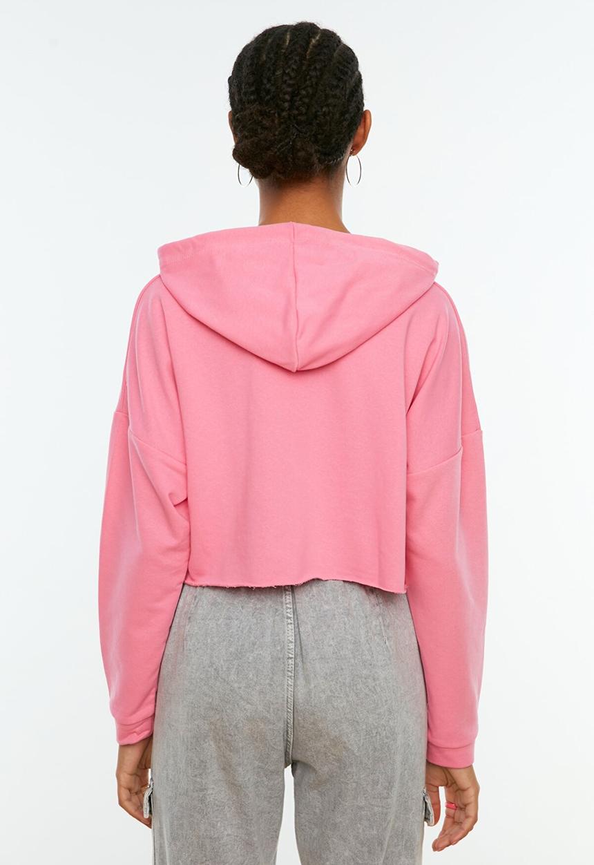 Trendyol - Hooded crop knitted slim sweatshirt  - pink