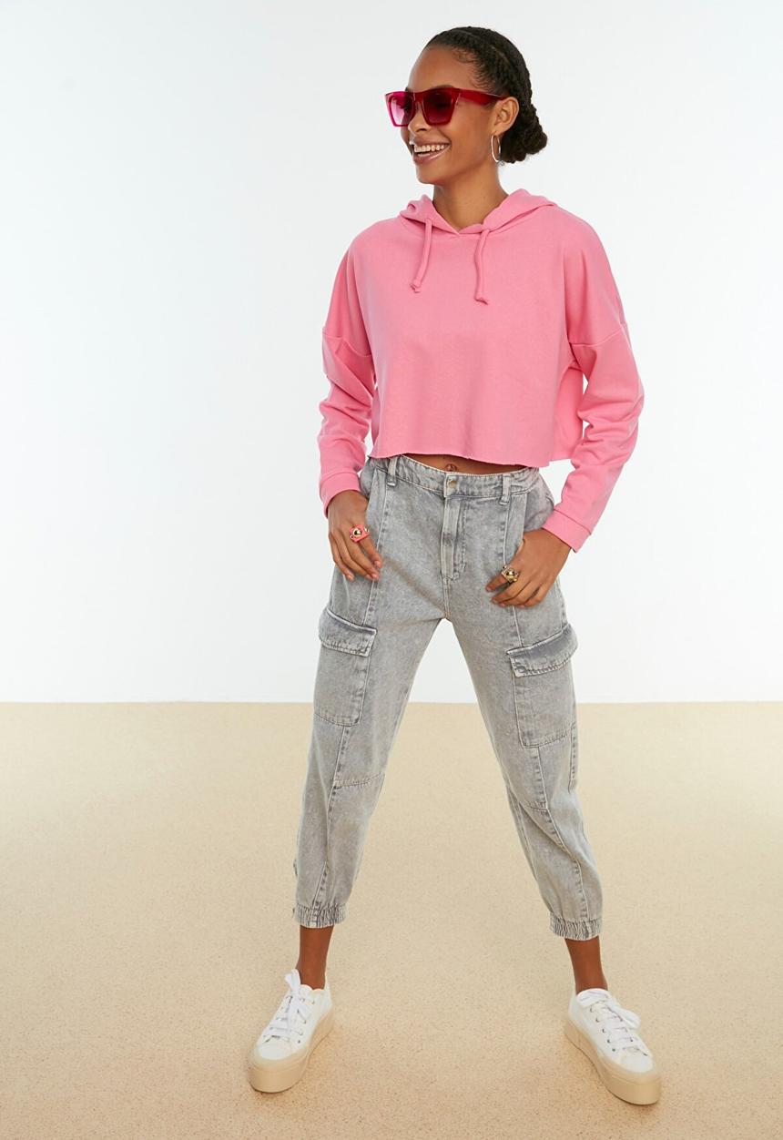 Trendyol - Hooded crop knitted slim sweatshirt  - pink