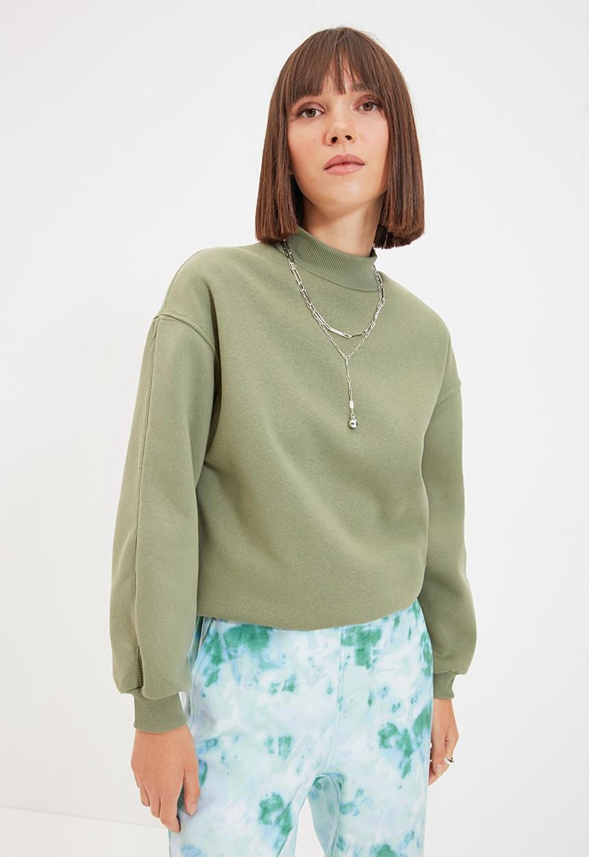 Trendyol - Upright collar knitted sweatshirt  - khaki