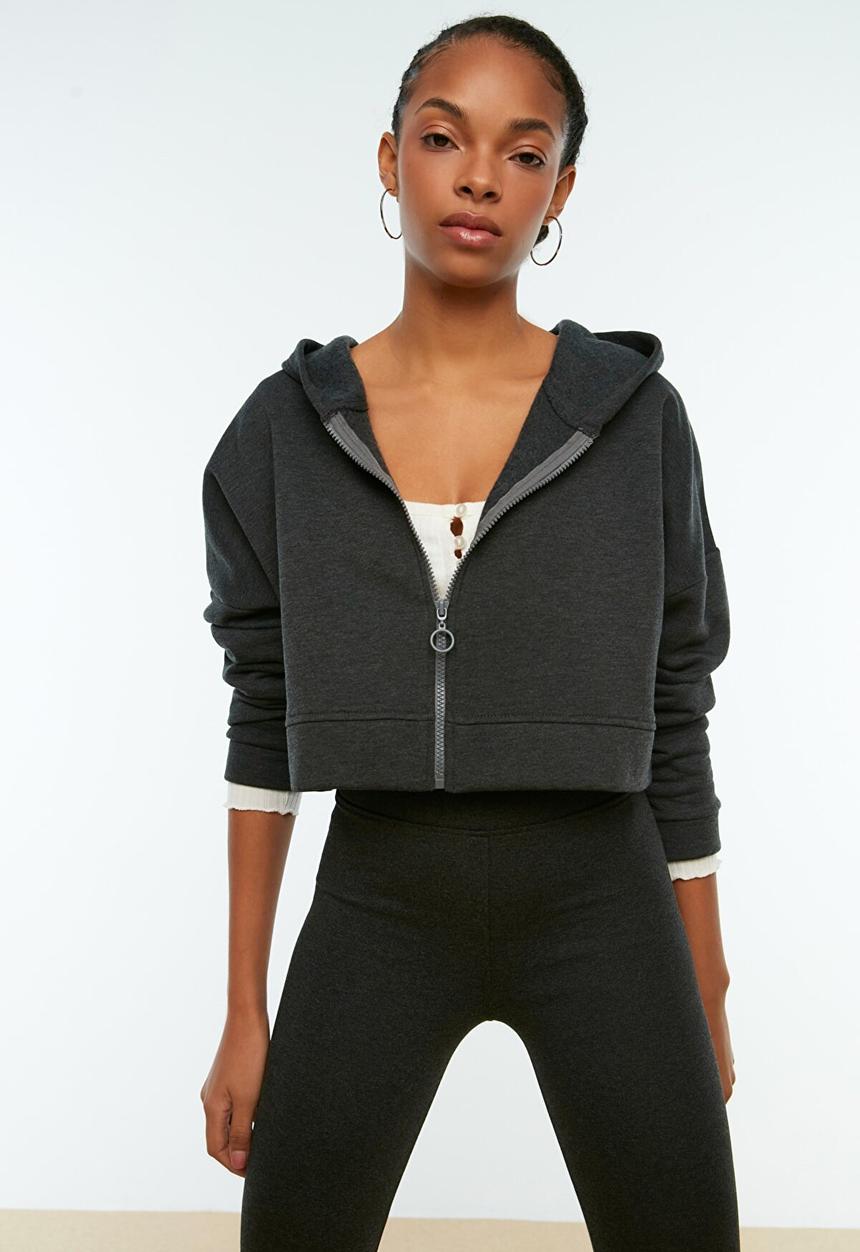 Trendyol - Hooded crop knitted sweatshirt  - grey 