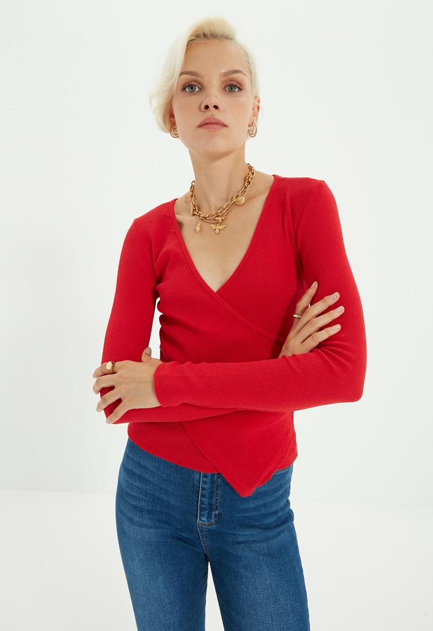 Trendyol - Double breasted knitted blouse  - red