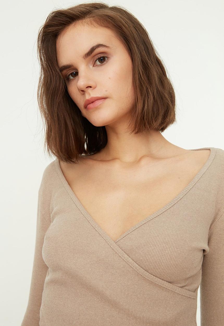 Trendyol - Double breasted knitted blouse  - taupe