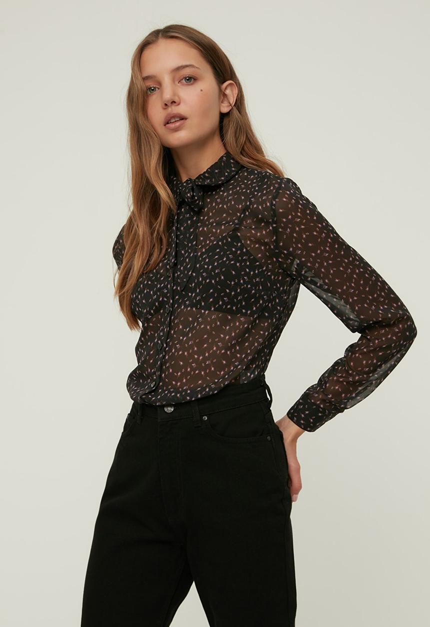 Trendyol - Printed pussybow blouse  - black