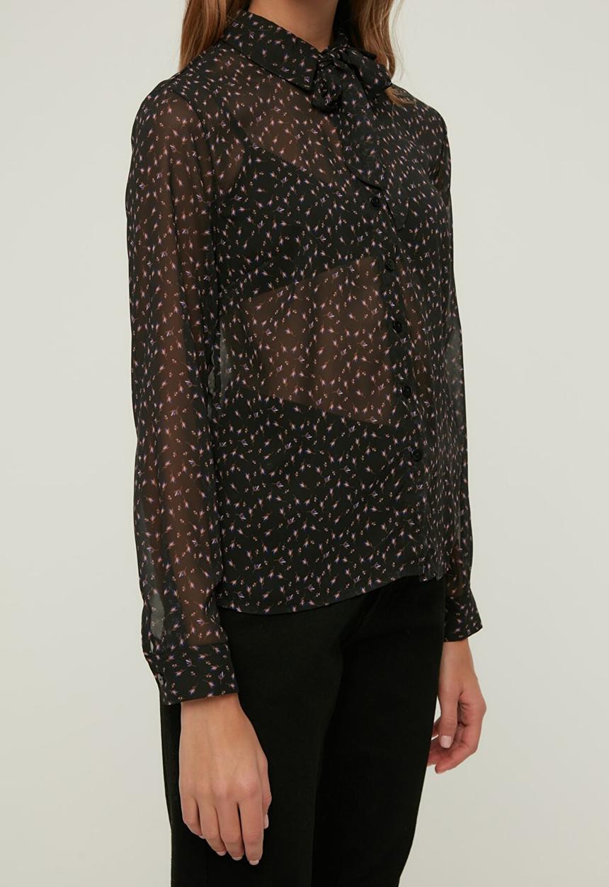 Trendyol - Printed pussybow blouse  - black