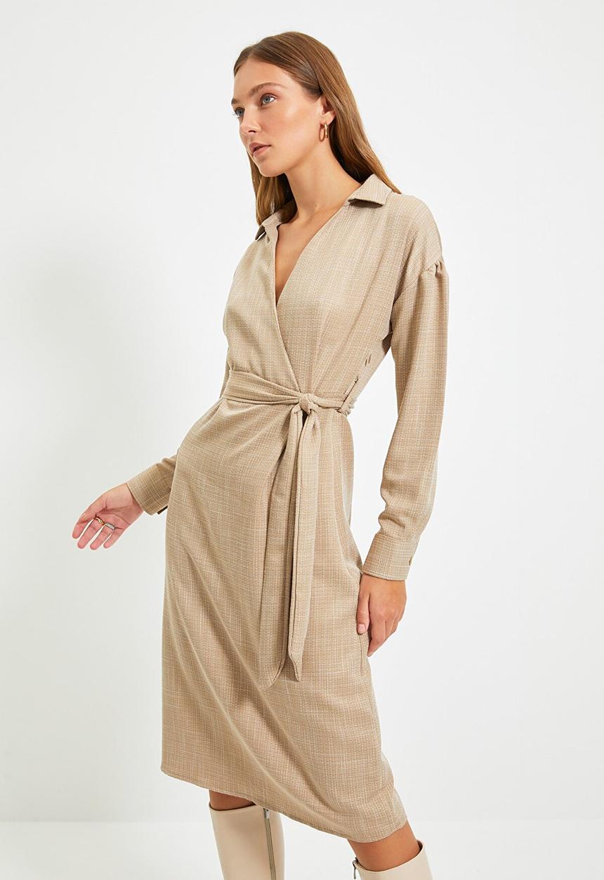 Trendyol - Belted double breasted collar dress - camel