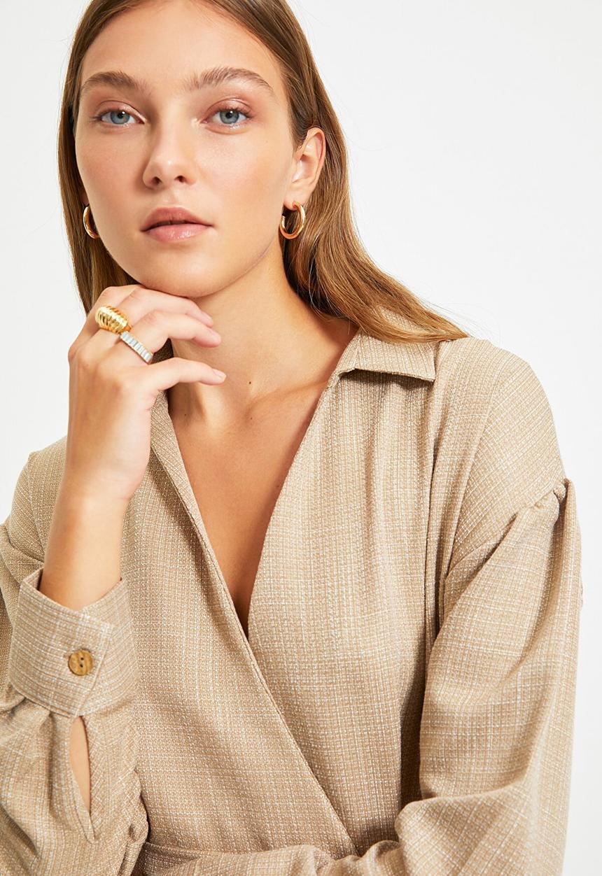 Trendyol - Belted double breasted collar dress - camel