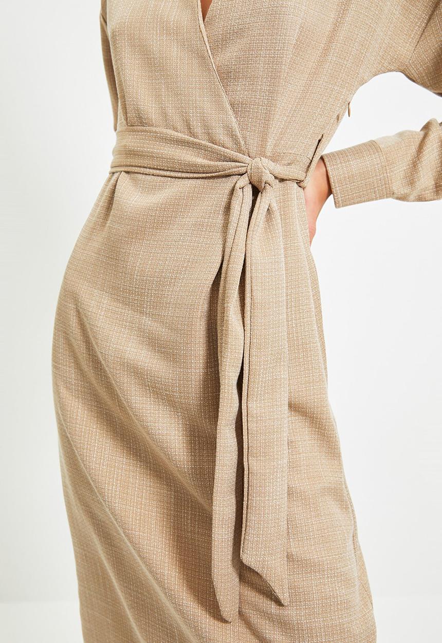 Trendyol - Belted double breasted collar dress - camel