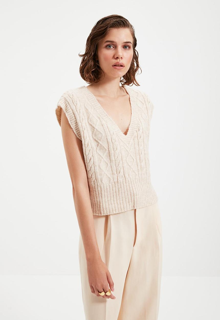 Trendyol - V neck knitwear sweater - stone