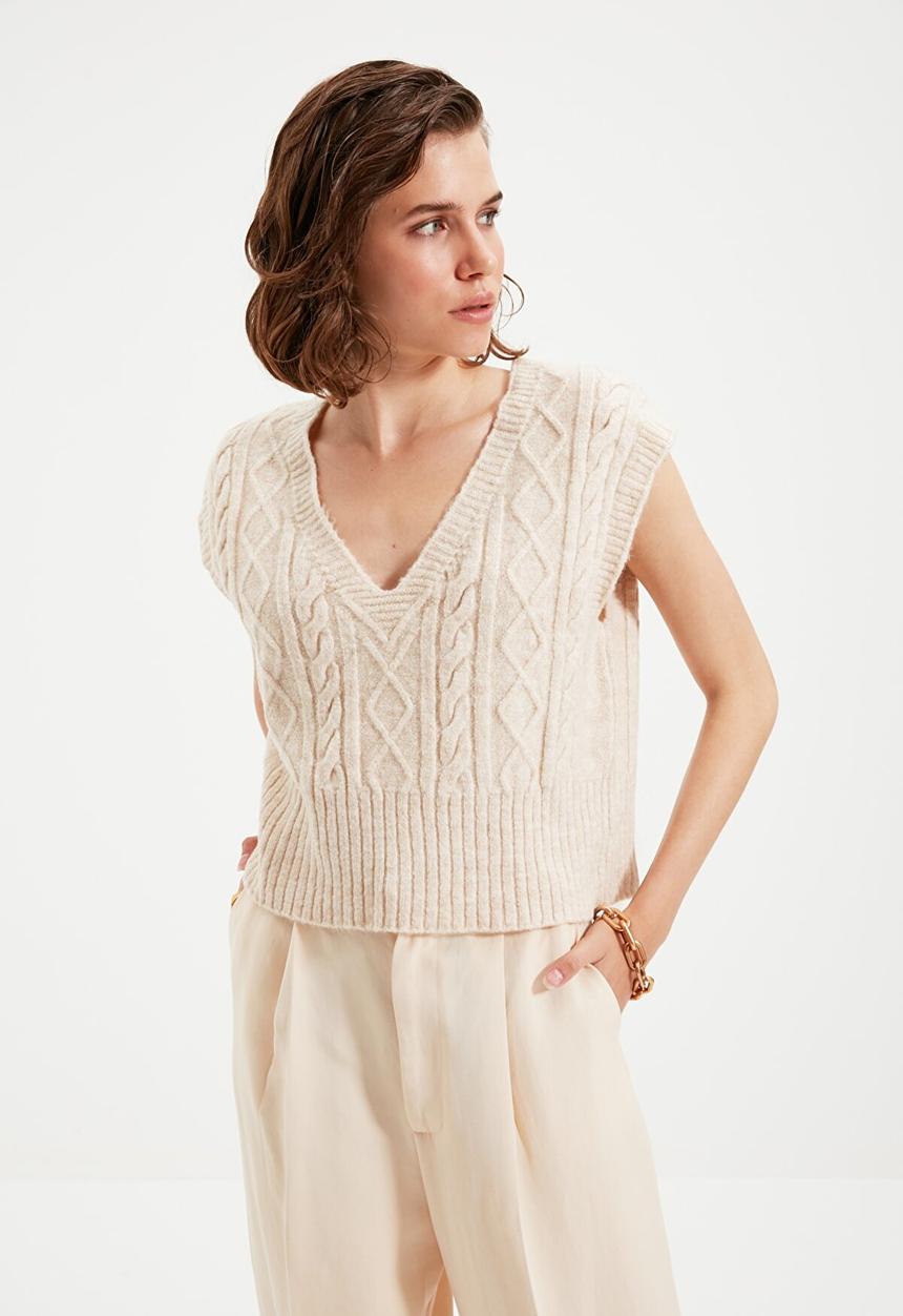 Trendyol - V neck knitwear sweater - stone