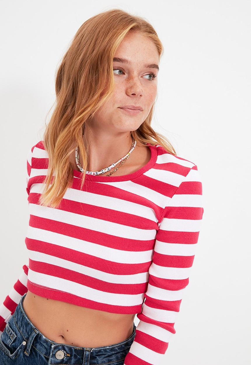 Trendyol - Corduroy crop knitted blouse  - fuchsia