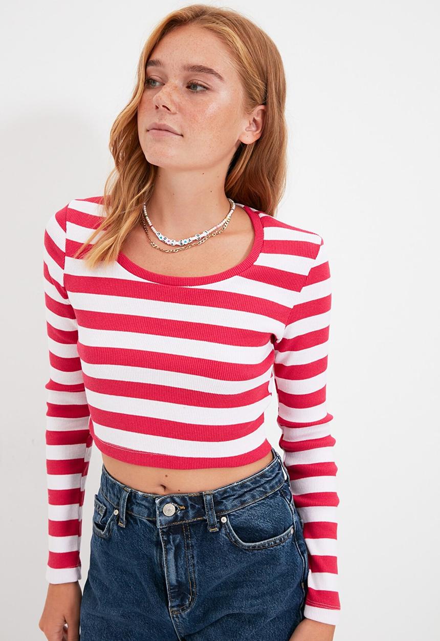 Trendyol - Corduroy crop knitted blouse  - fuchsia