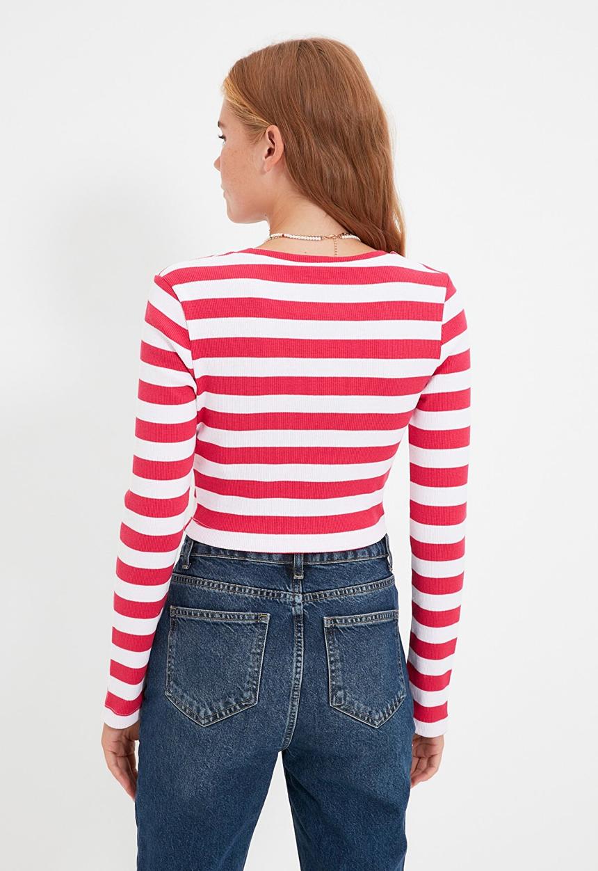 Trendyol - Corduroy crop knitted blouse  - fuchsia