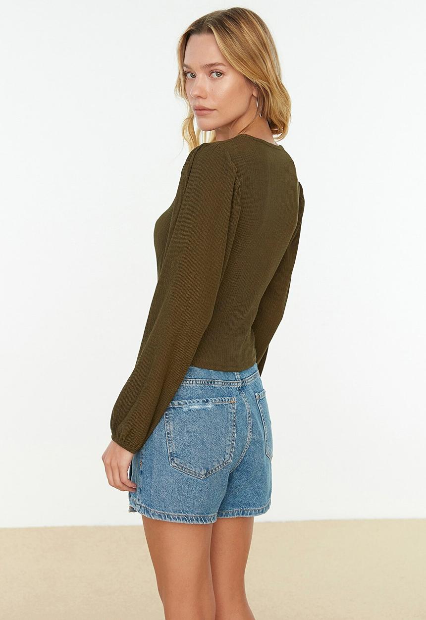 Trendyol - Double breasted crepe knitted blouse - khaki