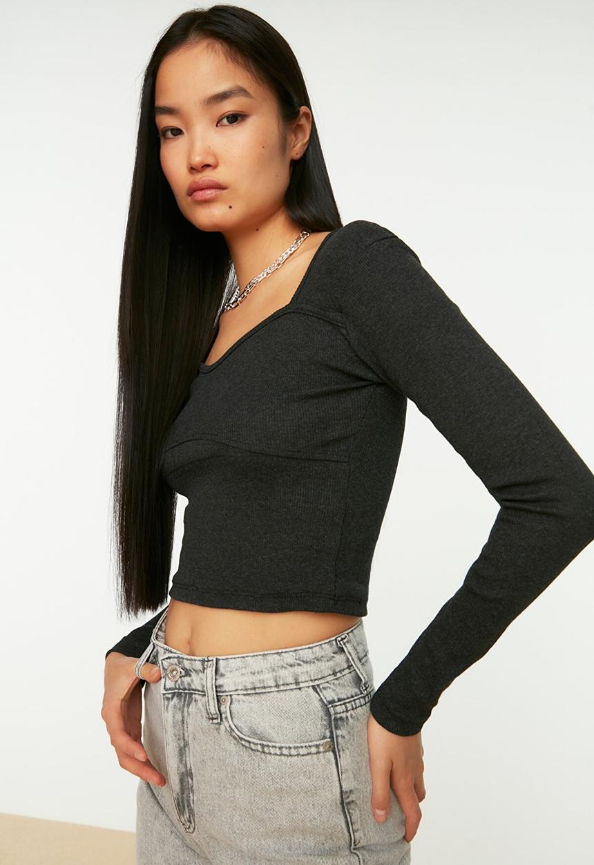 Trendyol - Stitch detail crop top - anthracite