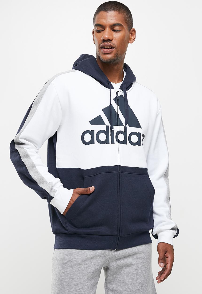 adidas Performance - Essentials Colourblock Fleece Full-Zip Hoodie- White & Legend ink