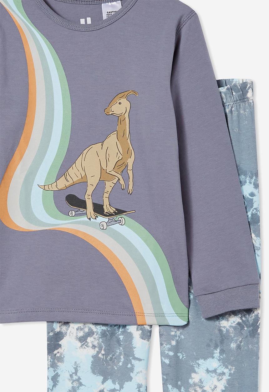 Cotton On - Orlando long sleeve pyjama set - steel retro rainbow dino