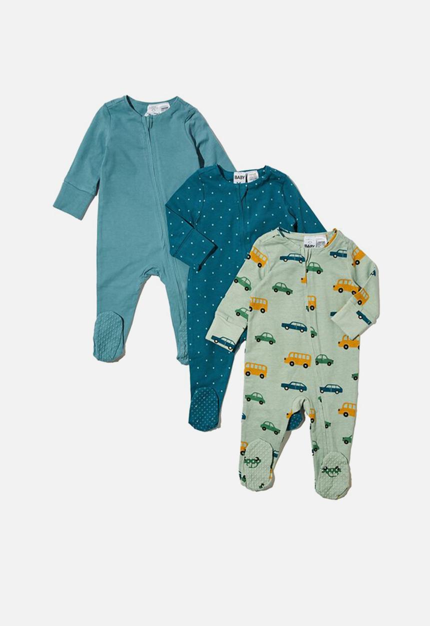 Cotton On - 3 pack long sleeve zip romper footed - traffic jam/betty spot/teal storm