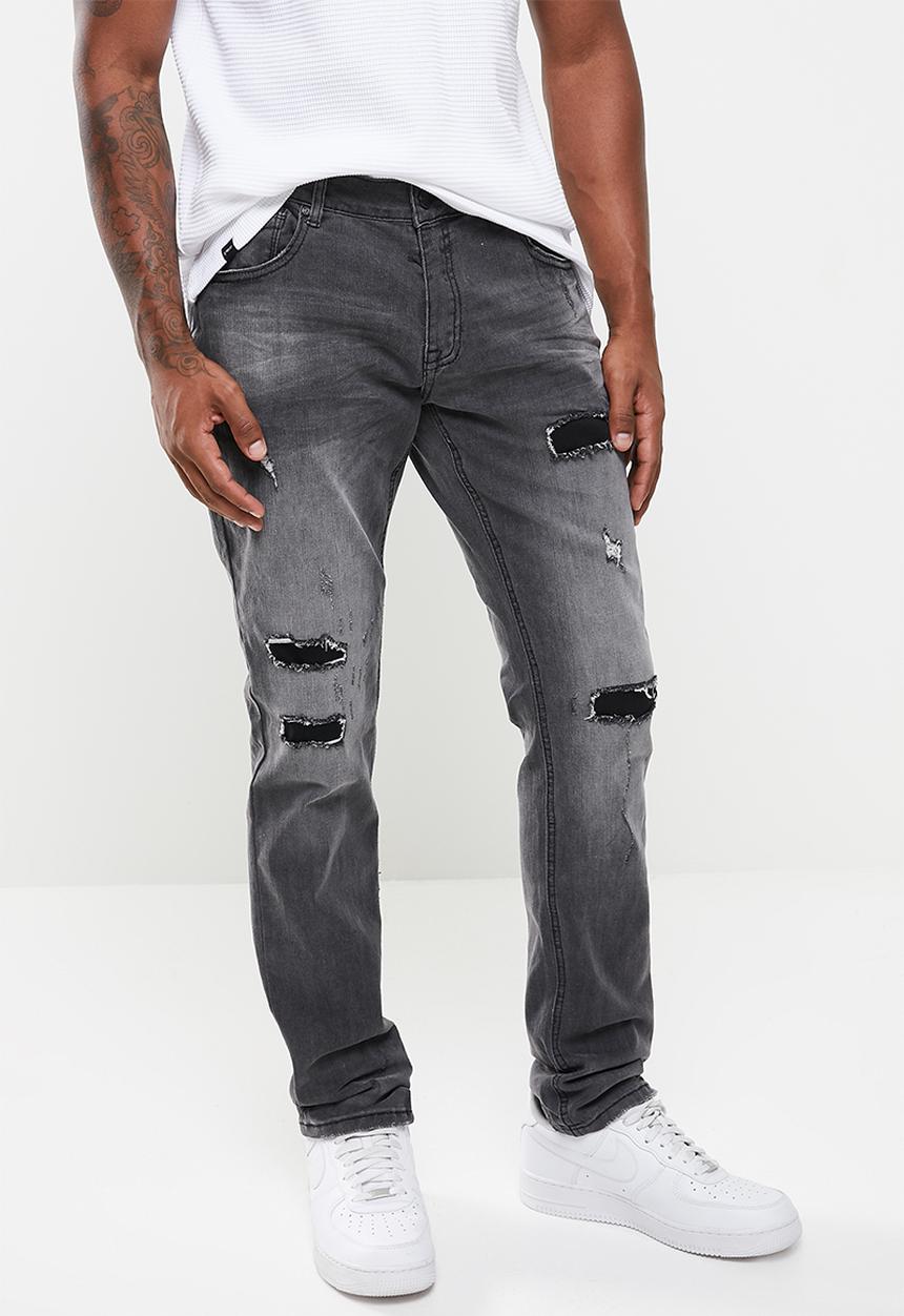 Cutty - RAVEN slim fit rip and repair denim jean - charcoal