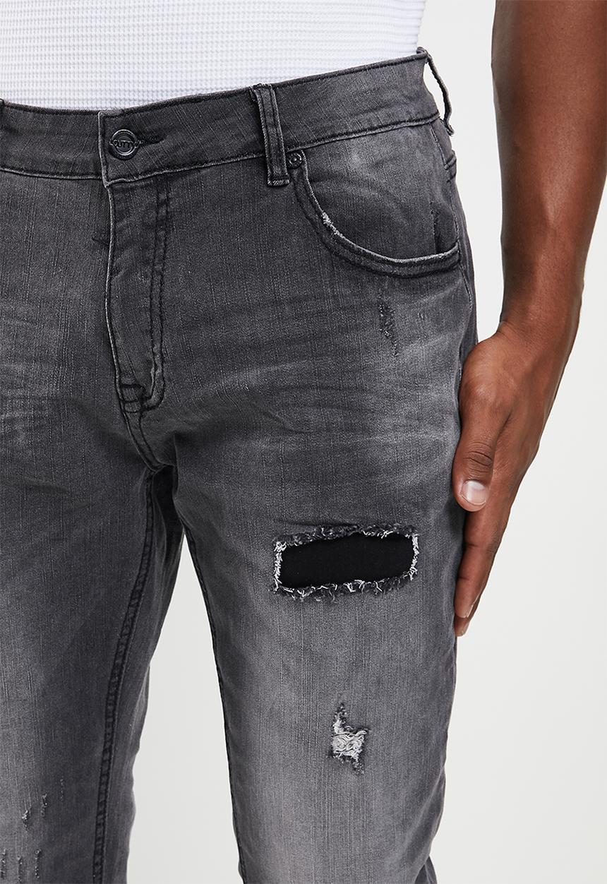 Cutty - RAVEN slim fit rip and repair denim jean - charcoal