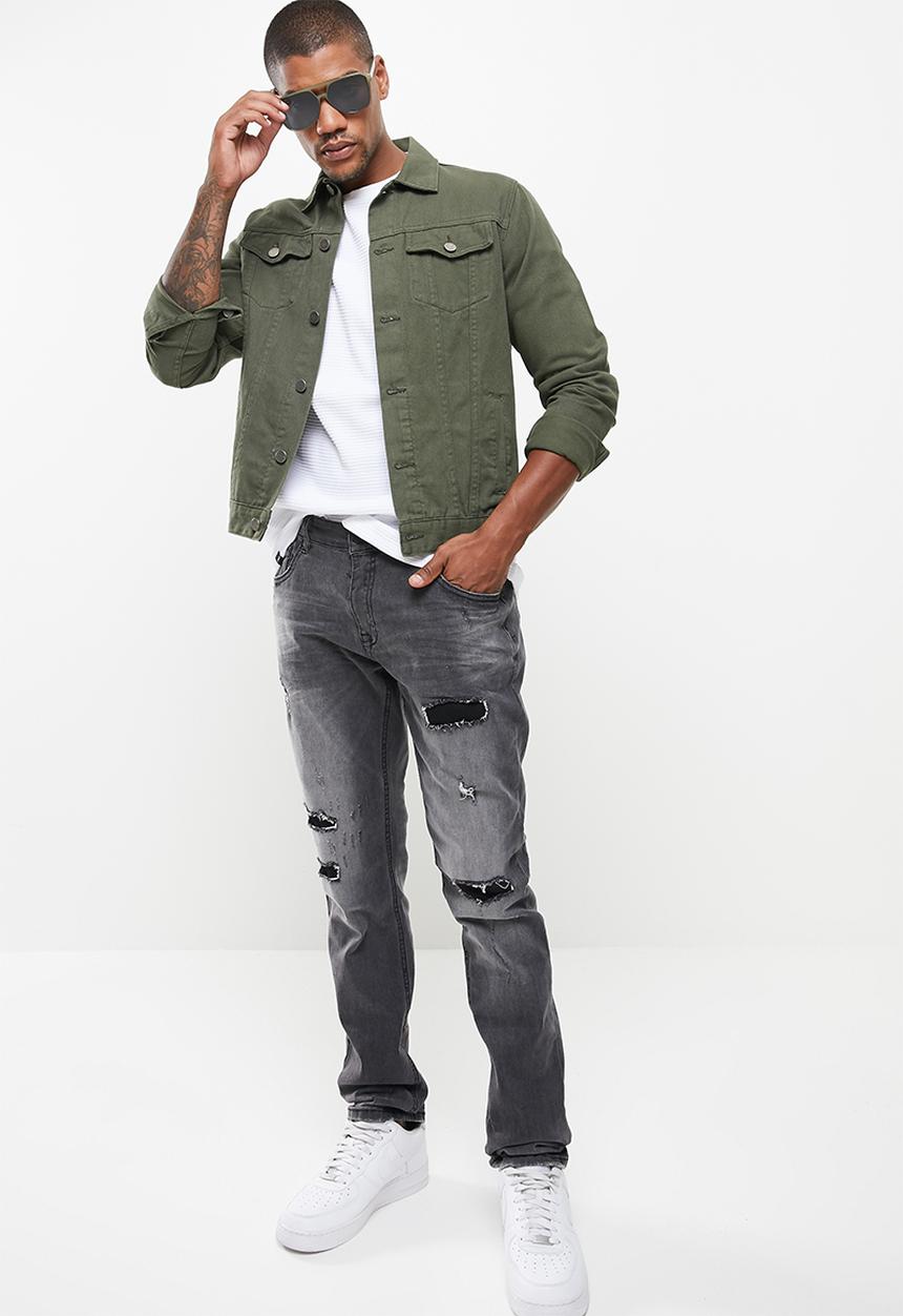 Cutty - RAVEN slim fit rip and repair denim jean - charcoal