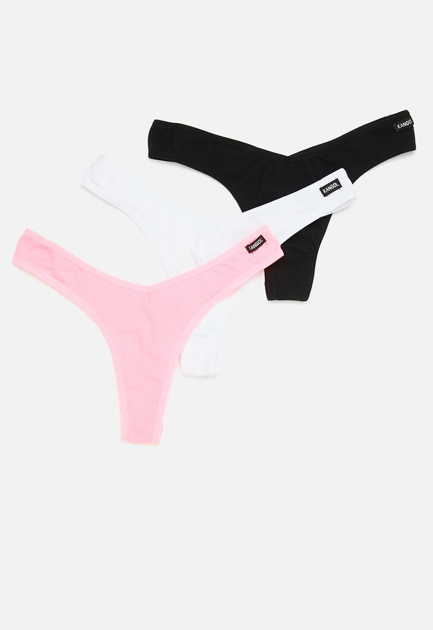 KANGOL - 3pk dipped ribbed thong - black, white & neon pink
