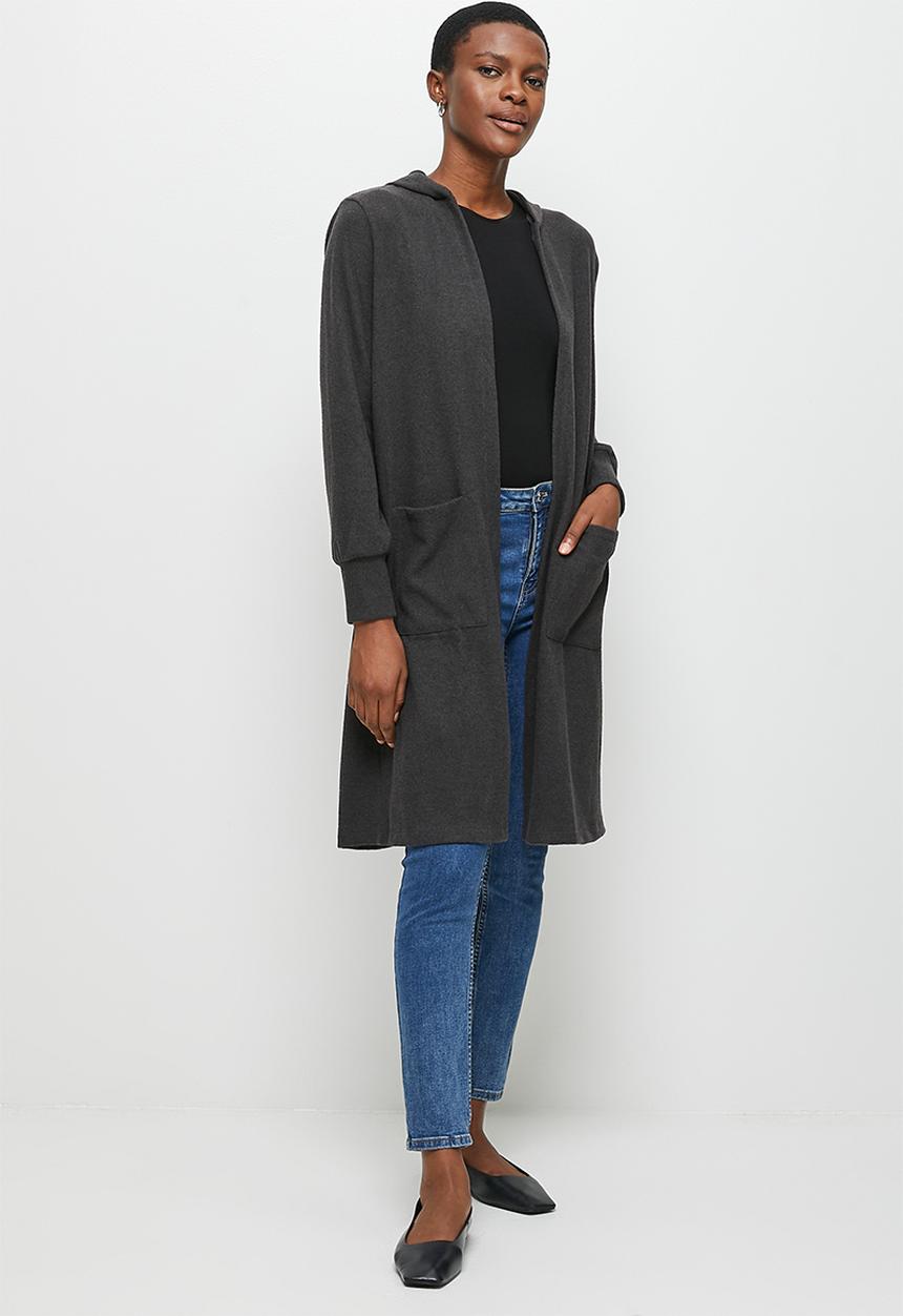 edit - Hooded cosy longline shacket - charcoal