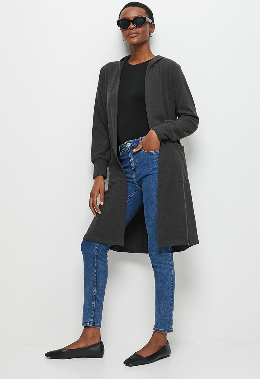 edit - Hooded cosy longline shacket - charcoal