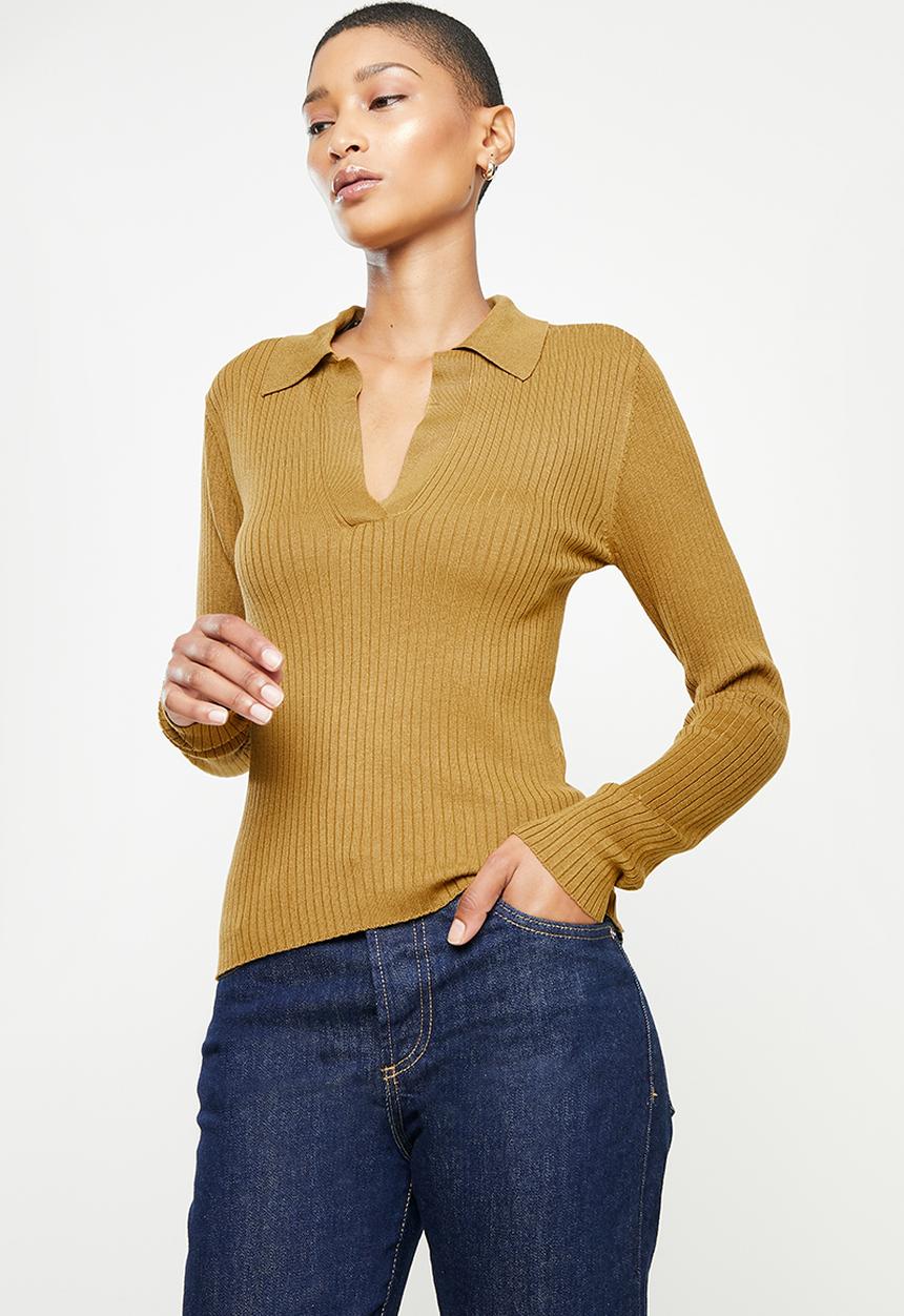 Jacqueline de Yong - Plum long sleeve polo collar pullover knit - cumin