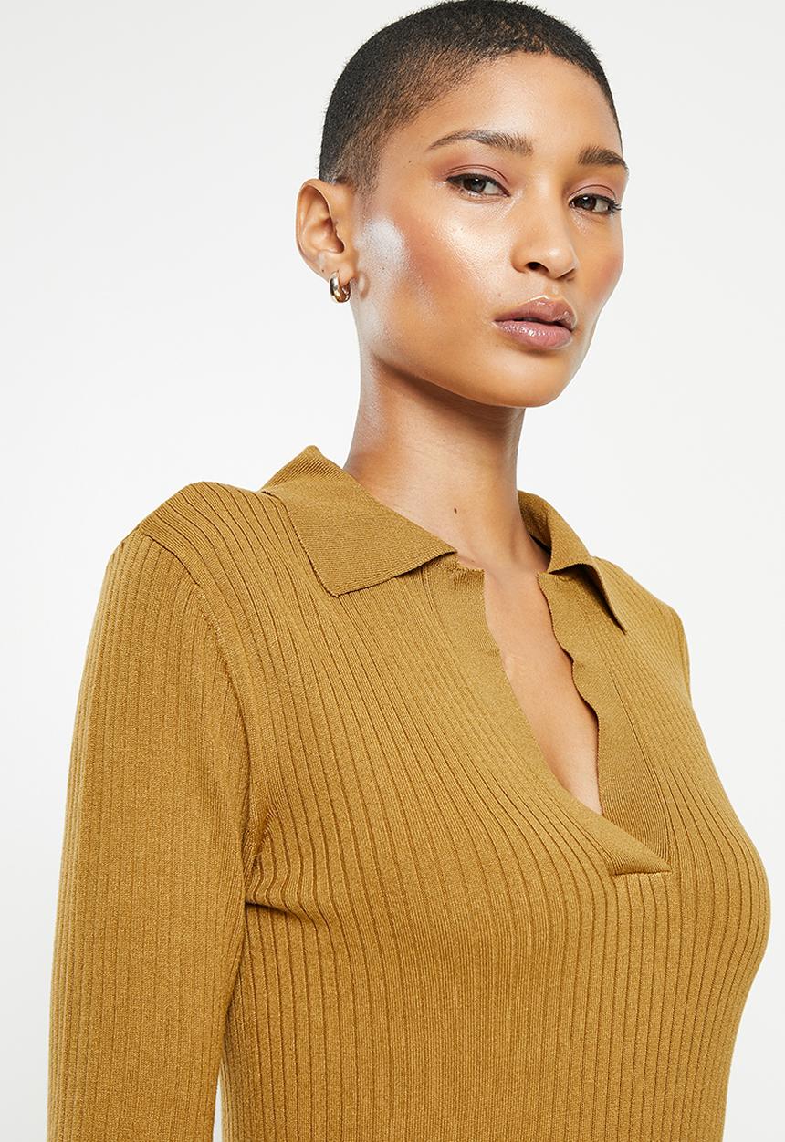 Jacqueline de Yong - Plum long sleeve polo collar pullover knit - cumin