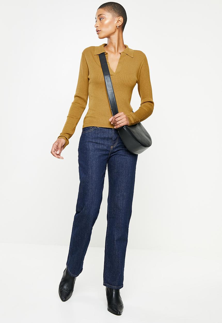 Jacqueline de Yong - Plum long sleeve polo collar pullover knit - cumin