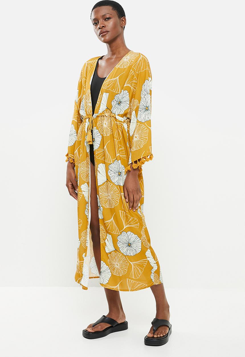 Trendyol - Floral patterned tassel detailed kimono kaftan - yellow