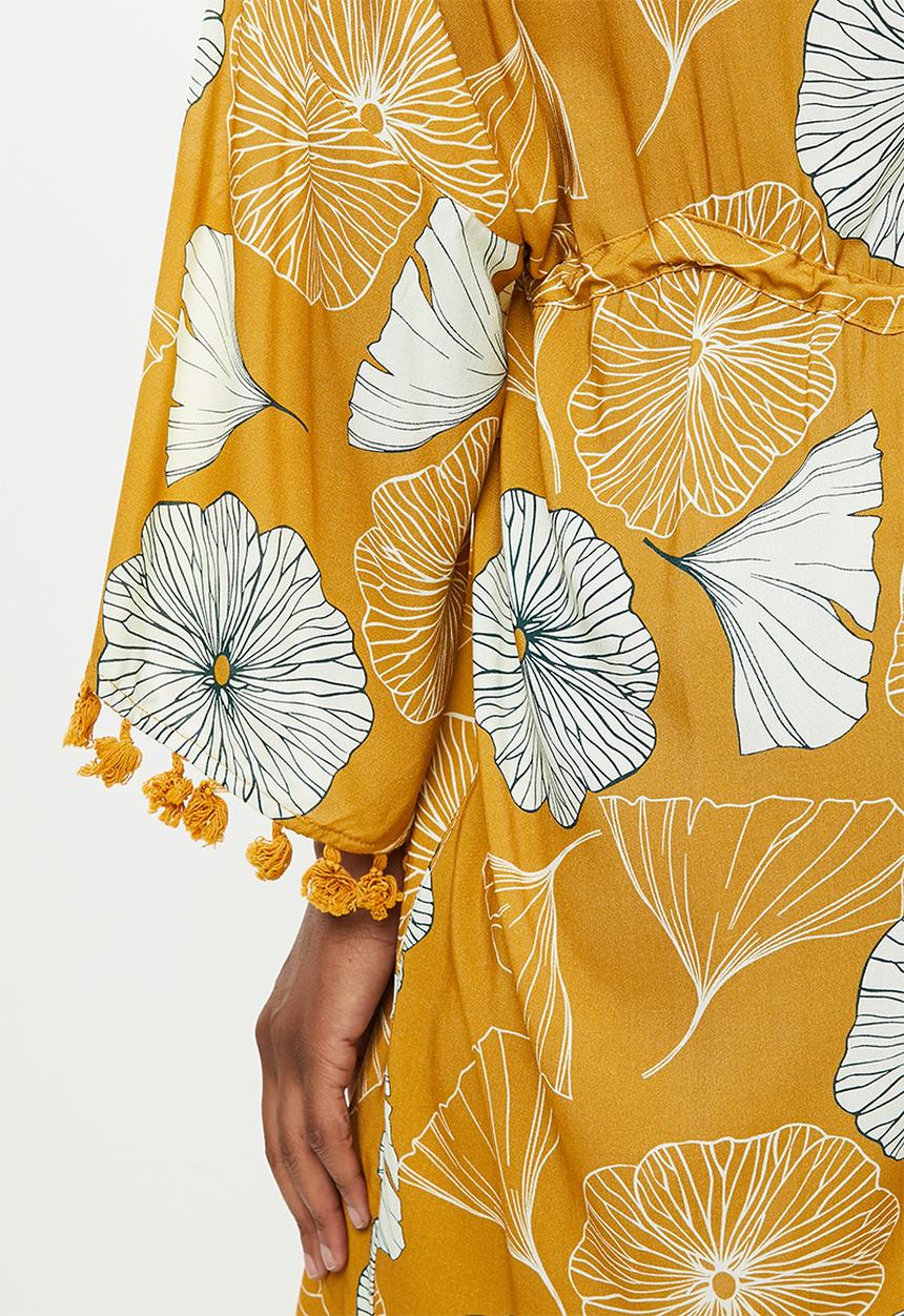 Trendyol - Floral patterned tassel detailed kimono kaftan - yellow