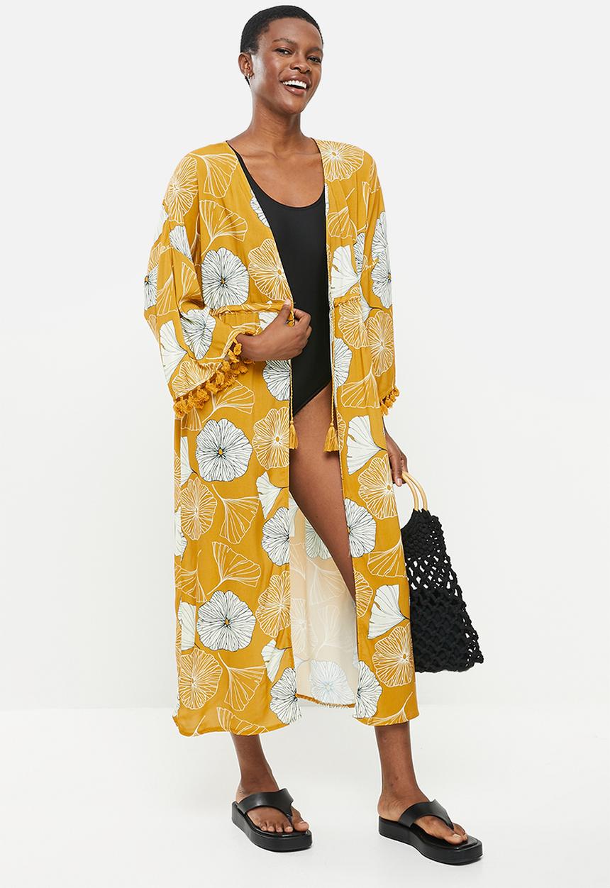Trendyol - Floral patterned tassel detailed kimono kaftan - yellow