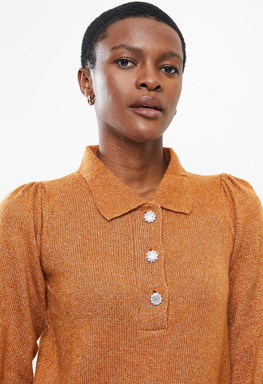 Jacqueline de Yong - Rue long sleeve collar button pullover - brown
