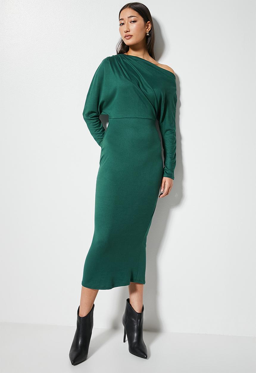 VELVET - Off shoulder knit column dress - green
