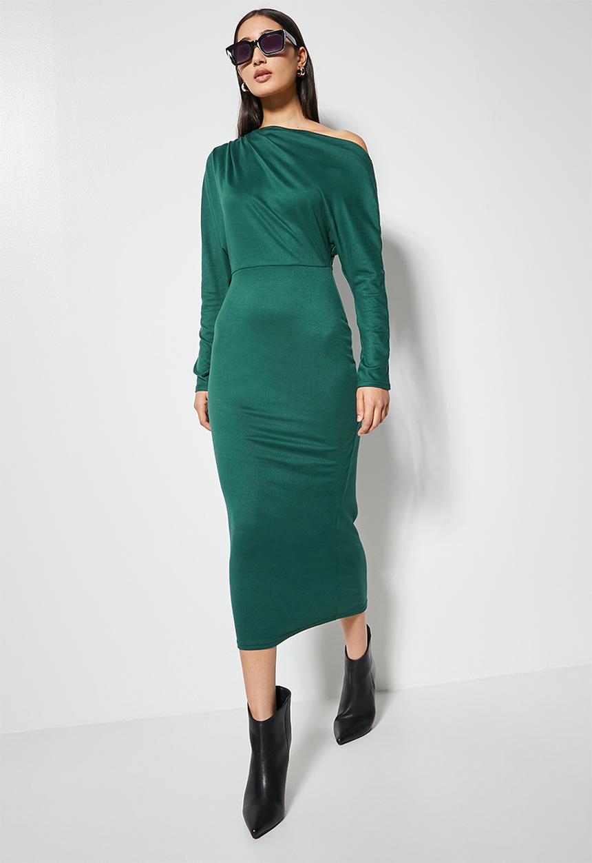 VELVET - Off shoulder knit column dress - green