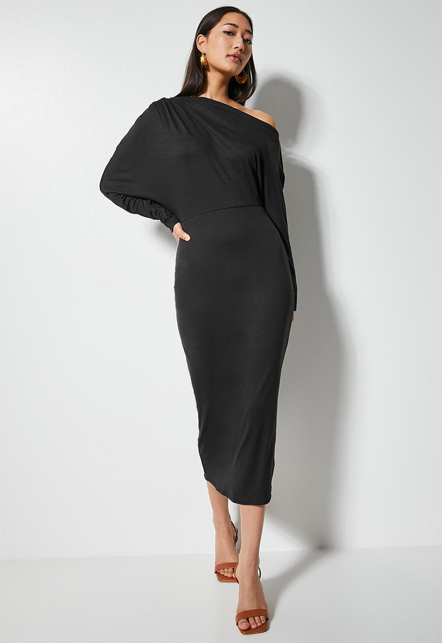VELVET - Off shoulder knit column dress - black