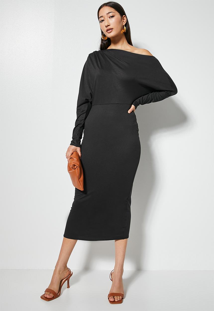 VELVET - Off shoulder knit column dress - black