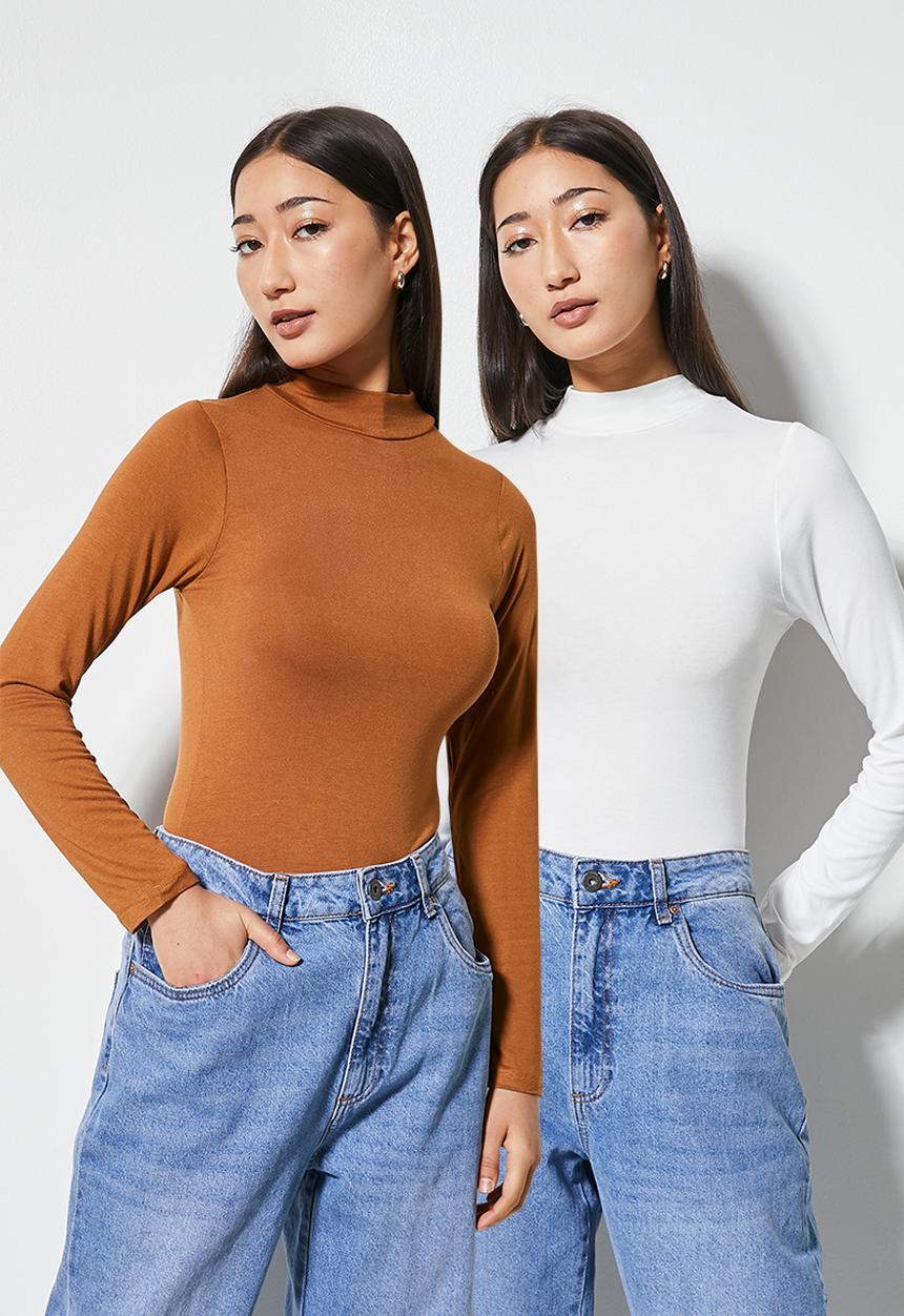 Superbalist - 2 pack funnel neck bodysuit - tobacco & milk